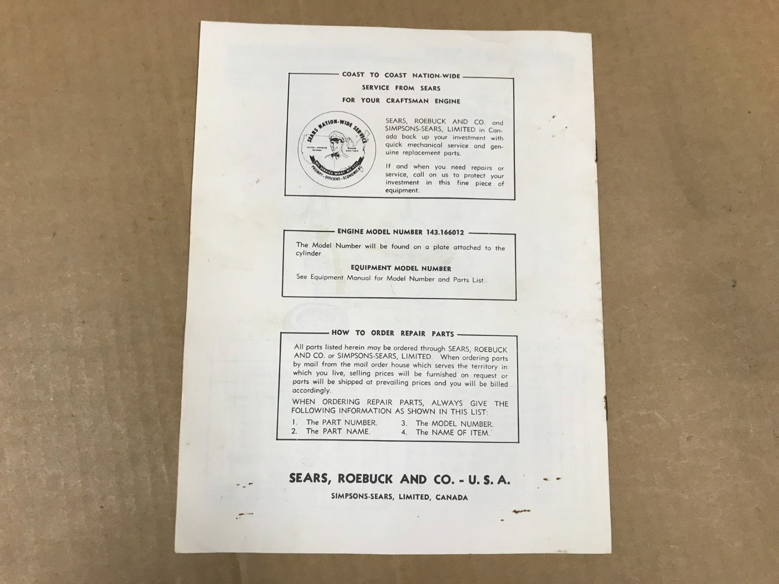 Vintage Sears Craftsman Engine Owner&rsquo;s Manual – Model 143.166012, Form 691298