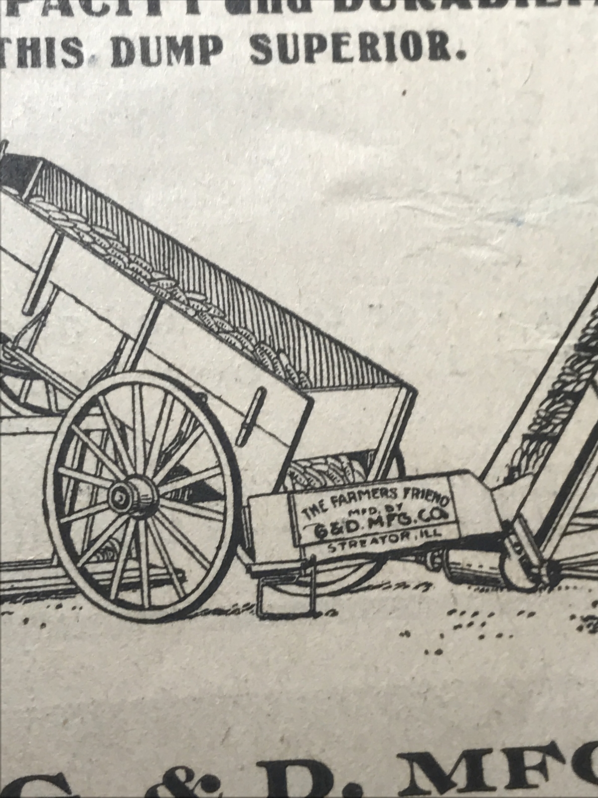 ORIGINAL 1907 Farmer’s Friend Grain Dump Farm Advertising – Streator – Illinois