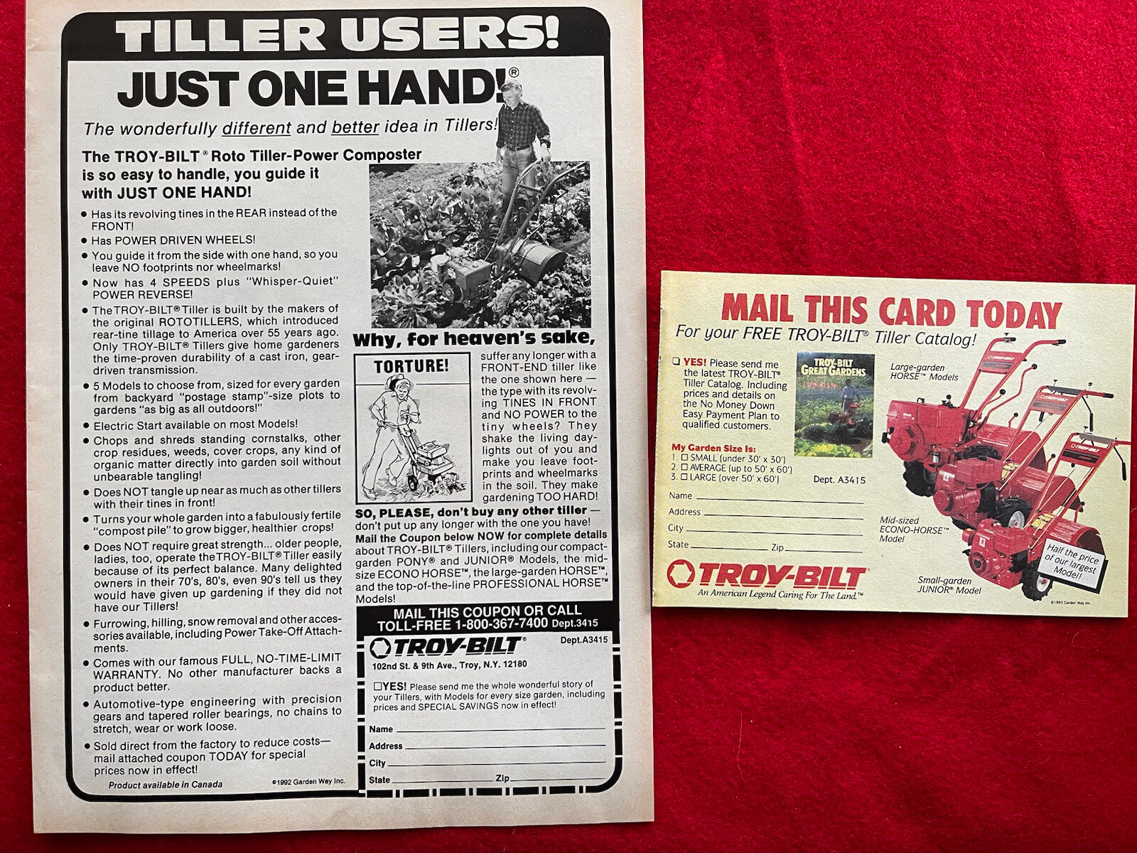 Vintage 1992 Troy Bilt Roto Tiller Print Ad “Just One Hand”