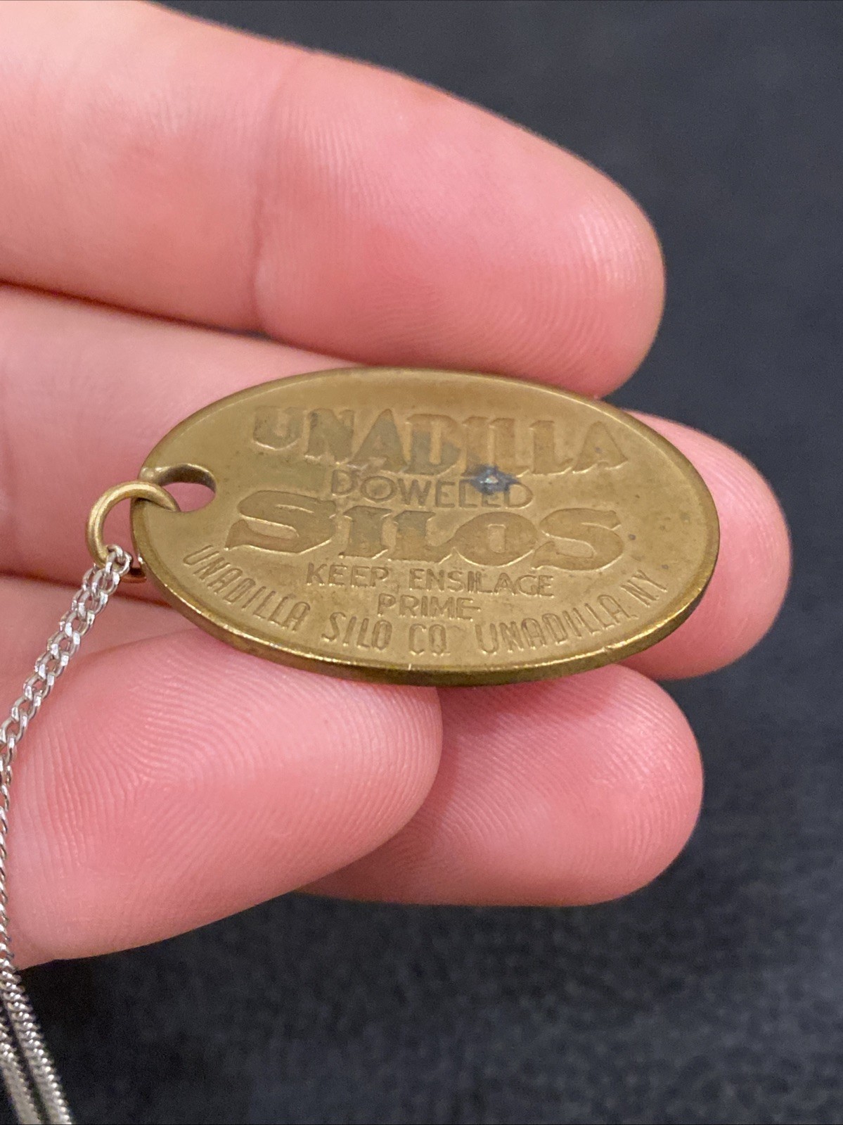 1906 ANTIQUE UNADILLA SILOS NY FARM ADVERTISING PENDANT KEYCHAIN CHARM FOB TAG