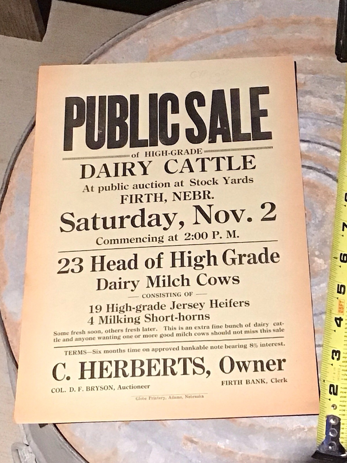 Public Sale Poster Sign – Dairy Cattle Firth Nebraska Advertising C Herberts