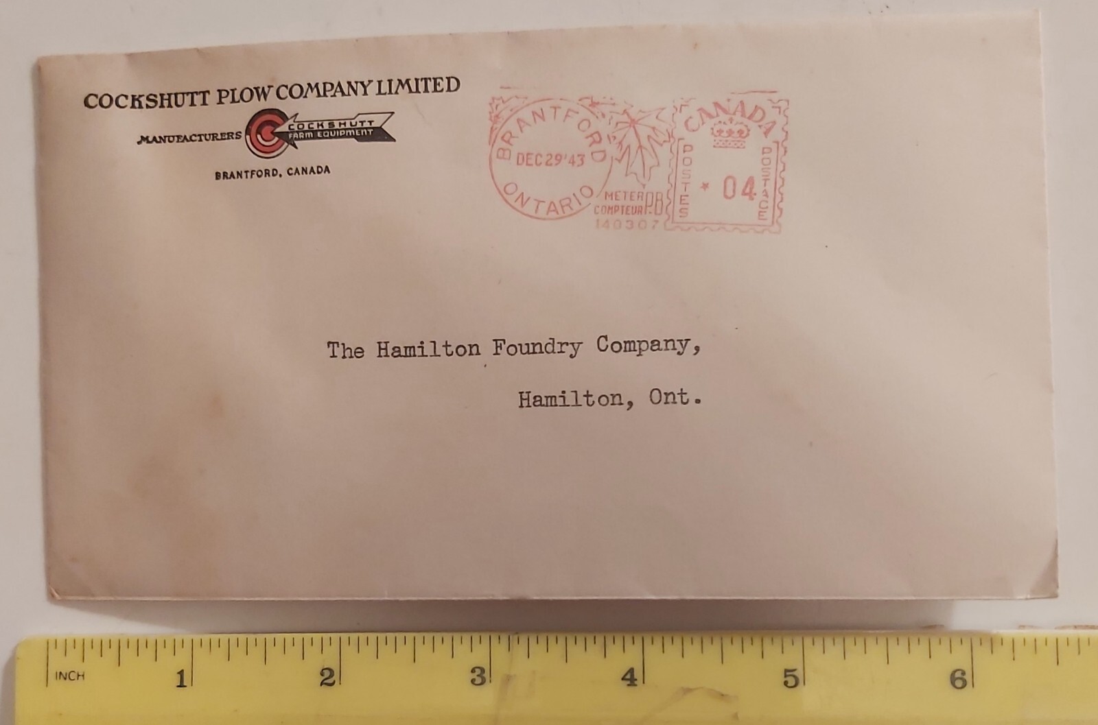 RARE 1943 « COCKSHUTT PLOW COMPANY LTD » BUSINESS ENVELOPE -EMPTY -(BRANTFORD,ONT)