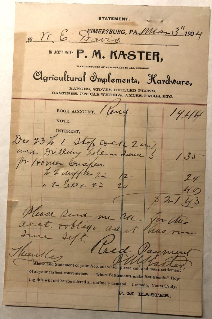 1904 Statement P. M. Kaster Agricultural Implements & Hardware Rimersburg, Pa.
