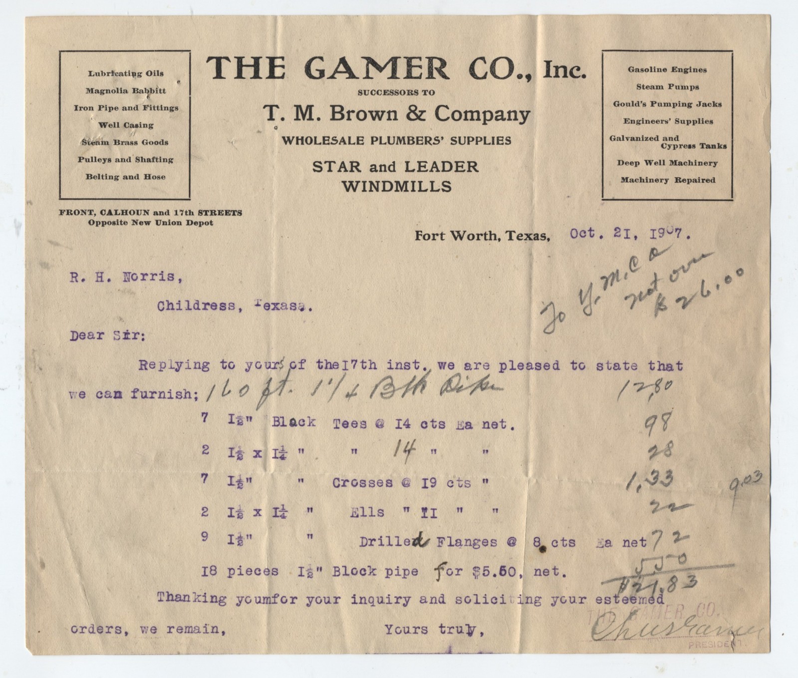 1907 GAMER WINDMILL CO LETTERHEAD FT WORTH TEXAS, STAR & LEADER WINDMILLS