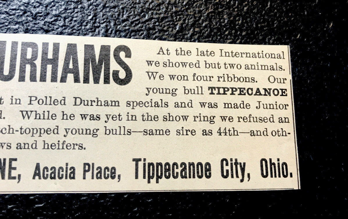 1902 William Crane Farm Cattle Cow Advertising – Tippecanoe City – Ohio