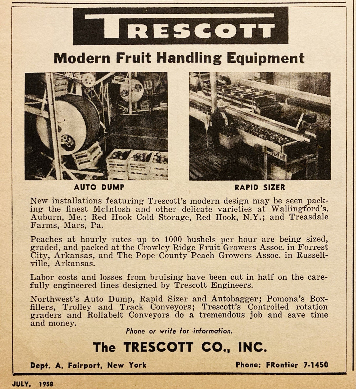 1958 AD.(PC6)~THE TRESCOTT CO. FAIRPORT, NY. MODERN FRUIT HANDLING EQUIPMENT