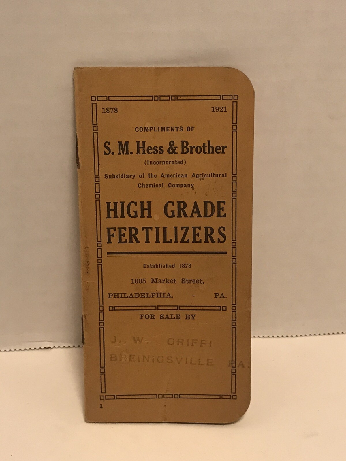 1922 Hess Sm Hess & Brother High Grade Fertilizer Book Chart Philadelphia Pa 🌙