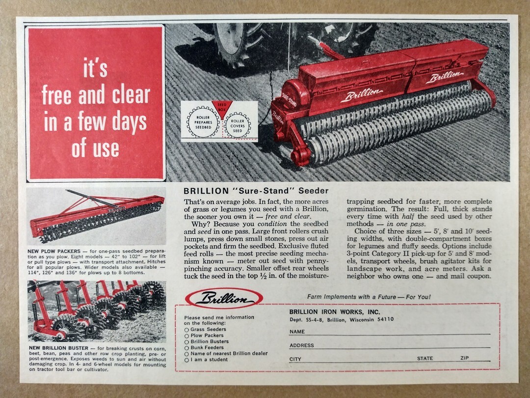1968 Brillion Sure-Stand Seeder vintage print Ad