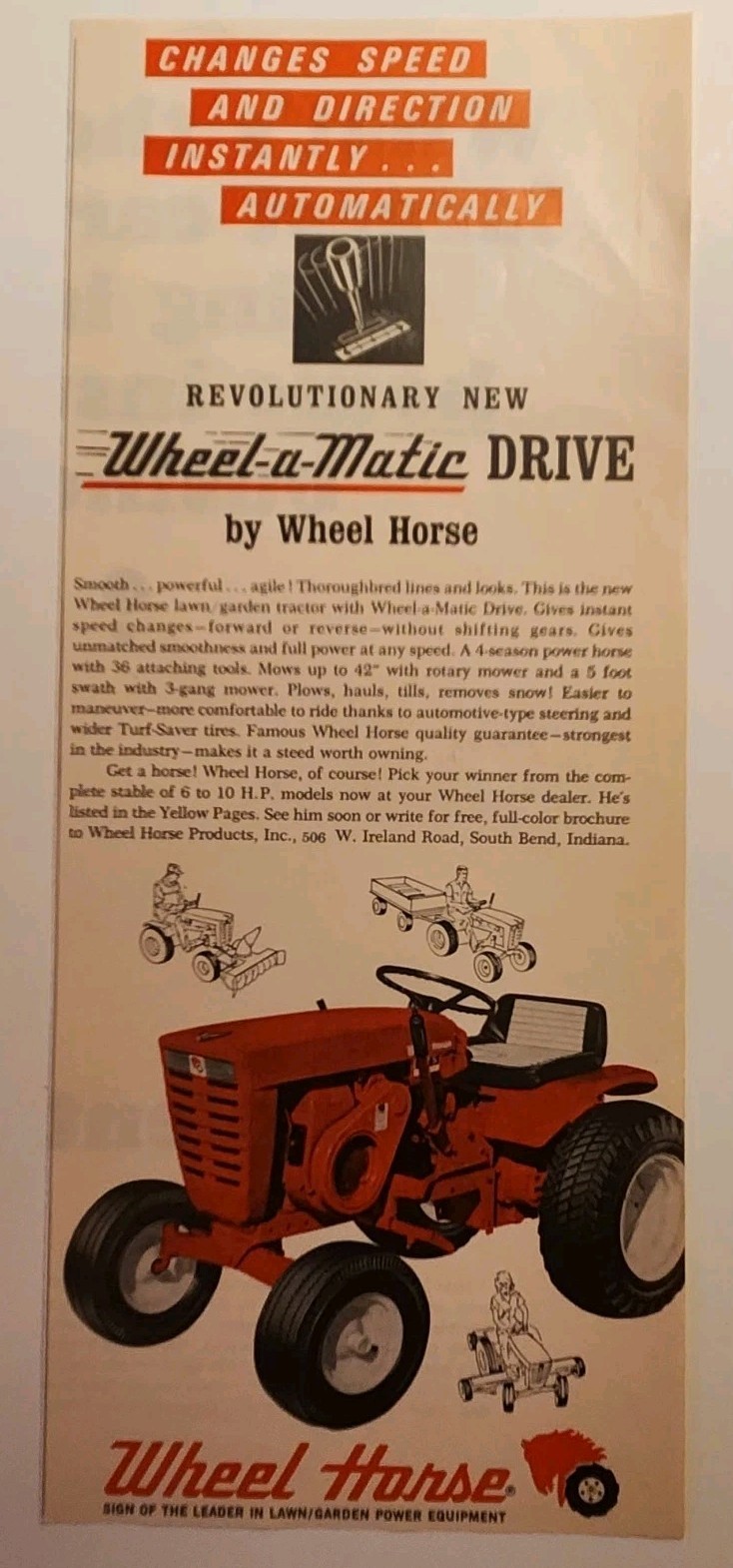 1965 Wheel Horse Lawn Garden Tractor Retro Original Print Ad 60s South Bend IN