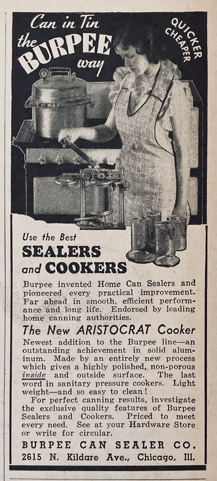 1937 AD.(XG8)~BURPEE CAN SEALER CO. CHICAGO. CHICAGO. NEW “ARISTOCRAT” COOKER