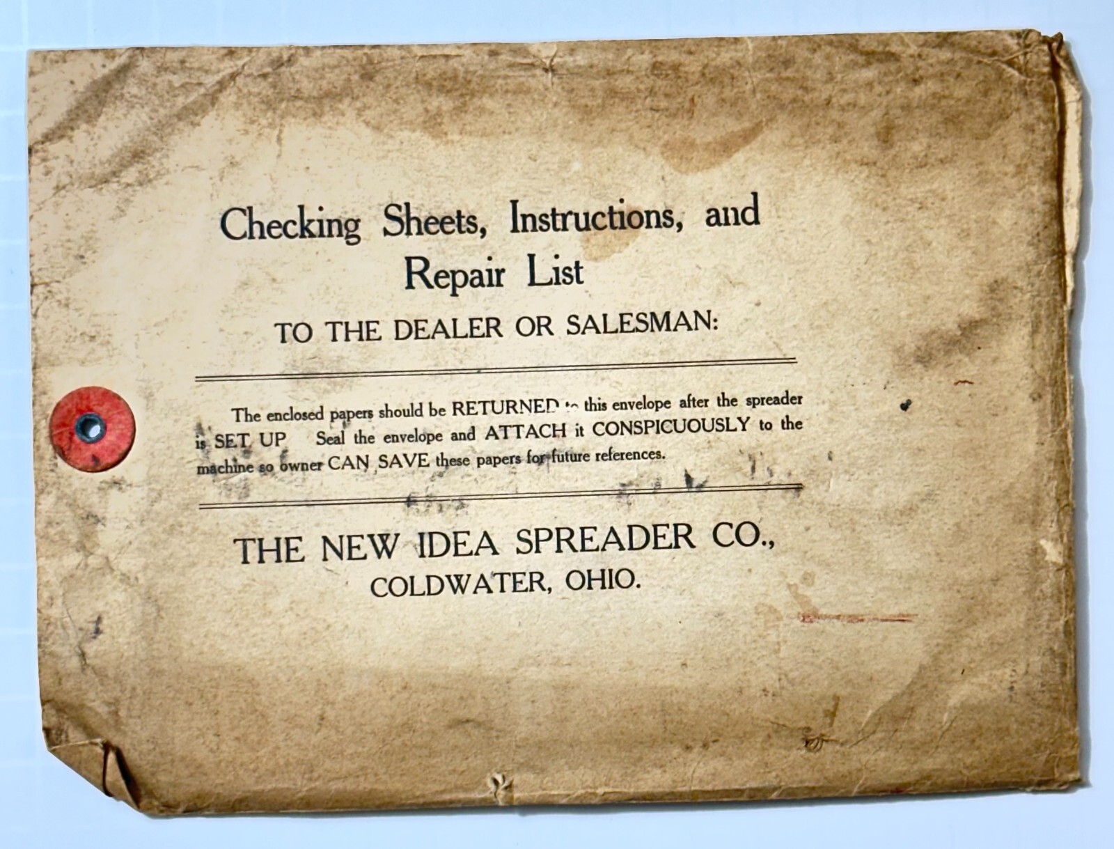 New Idea Spreader Co Checking Sheets Instructions Repair List Envelope