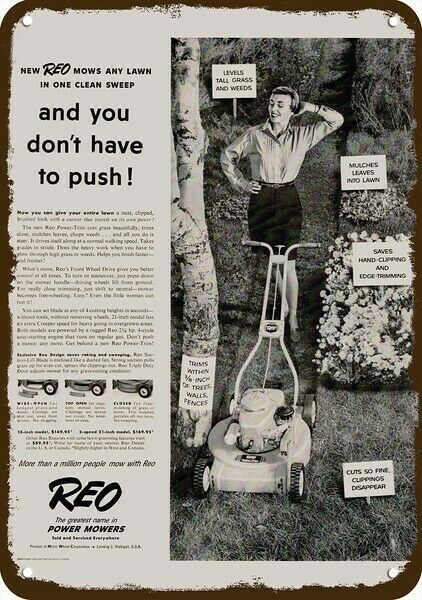 1956 REO POWER PUSH LAWN MOWER Vintage Look DECORATIVE METAL SIGN – WOMAN MOWS L