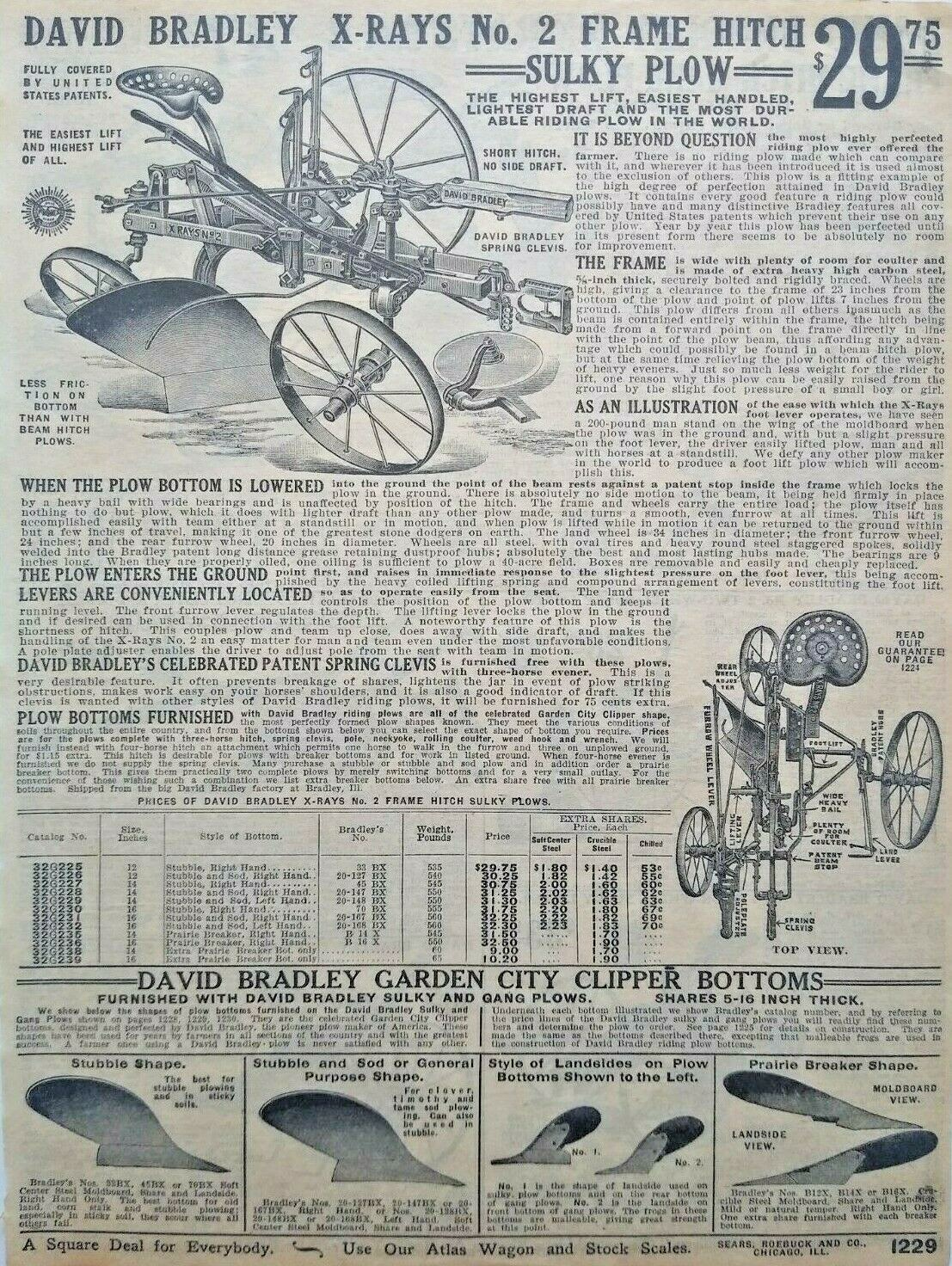 1911 Antique David Bradley X-Rays 2 Plow Farming Art Sears Catalog Page Print Ad