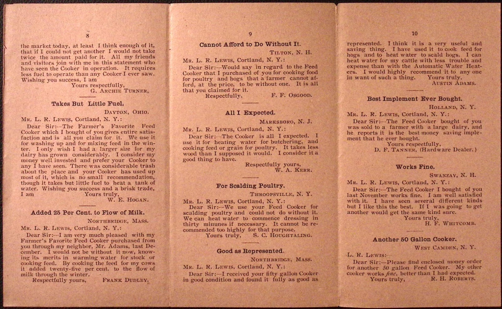 Farmers Favorite Feed Cooker Testimonial Brochure c1920s Cortland NY 3.25 x 6&Prime;
