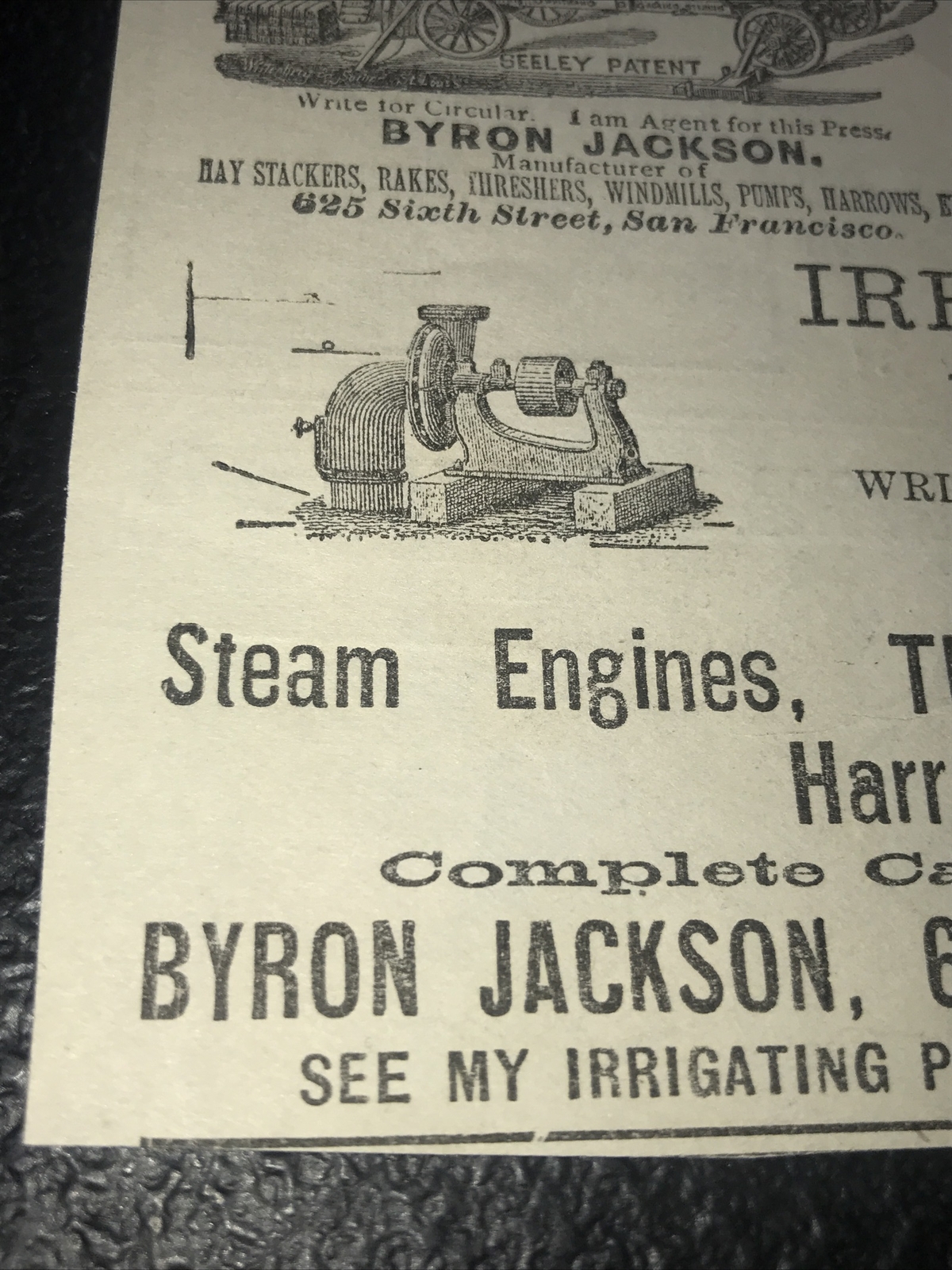 1886 Byron Jackson Farm Machinery Advertising – San Francisco – California