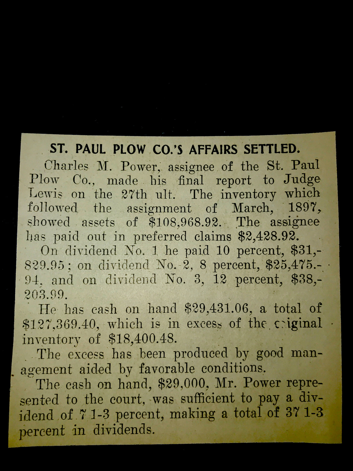 1903 St. Paul Plow Co. Farm Advertising Article – Bankruptcy Liquidation
