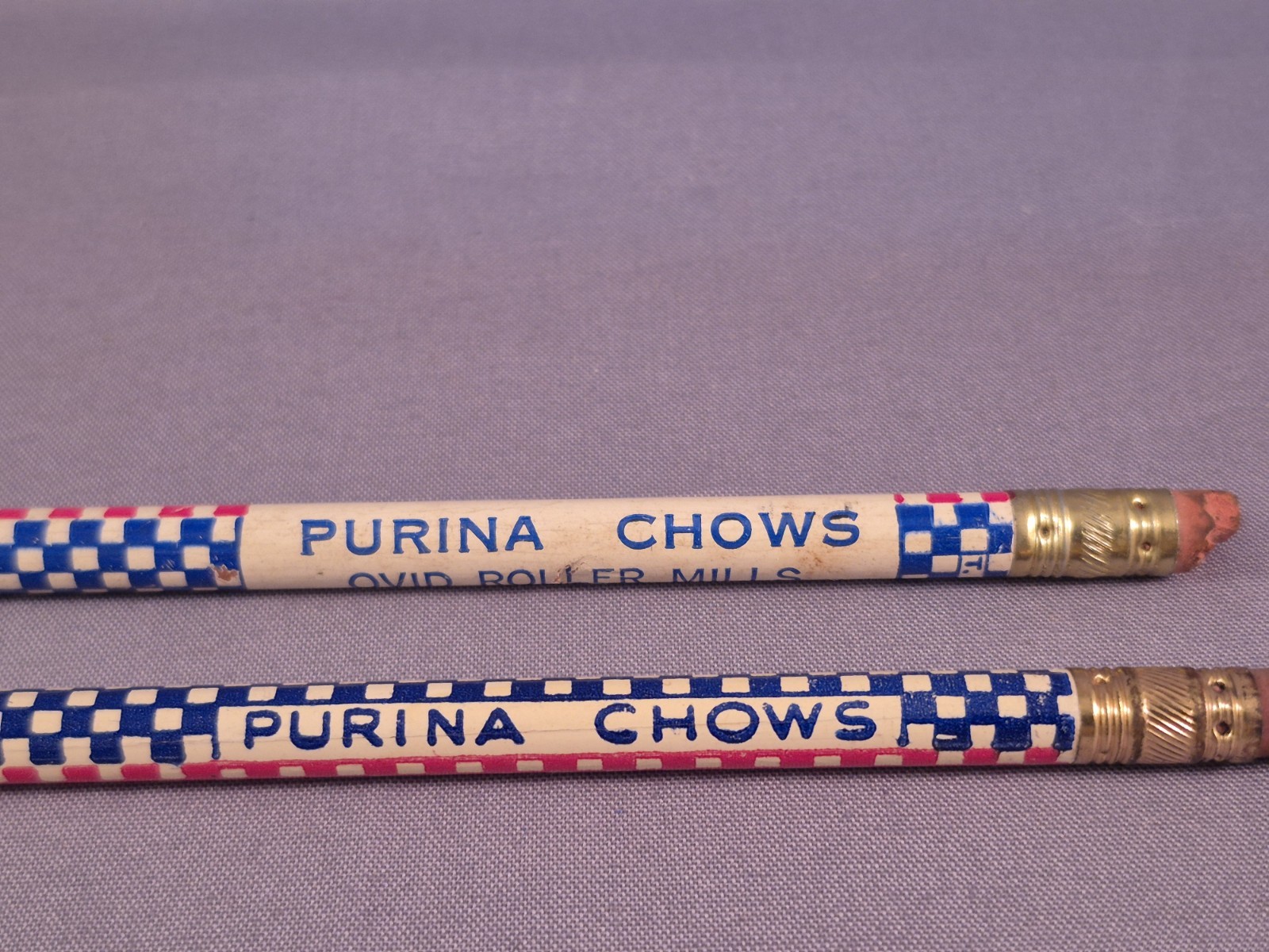 Two Vintage Pencils Purina Chow Ovid Roller Mills Michigan Advertisement White