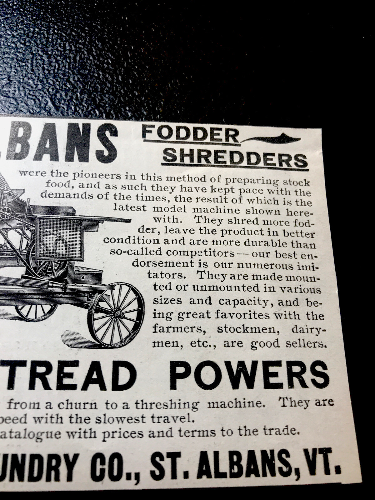 ORIGINAL 1897 St. Albans Fodder Shredder Farm Implement Advertising – Vermont