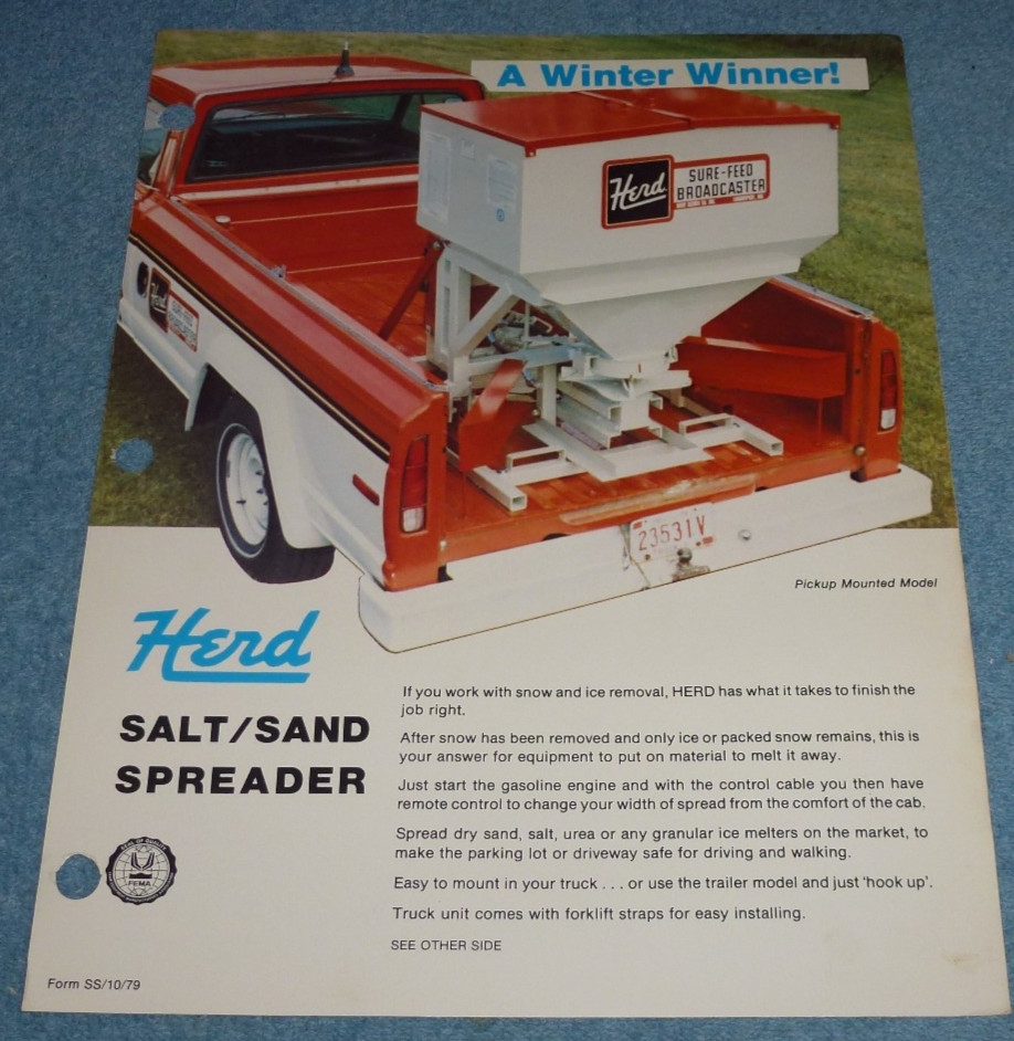 Vtg 1979 Herd Seeder Co Salt Sand Spreader Truck & Trailer Models Brochure Sheet