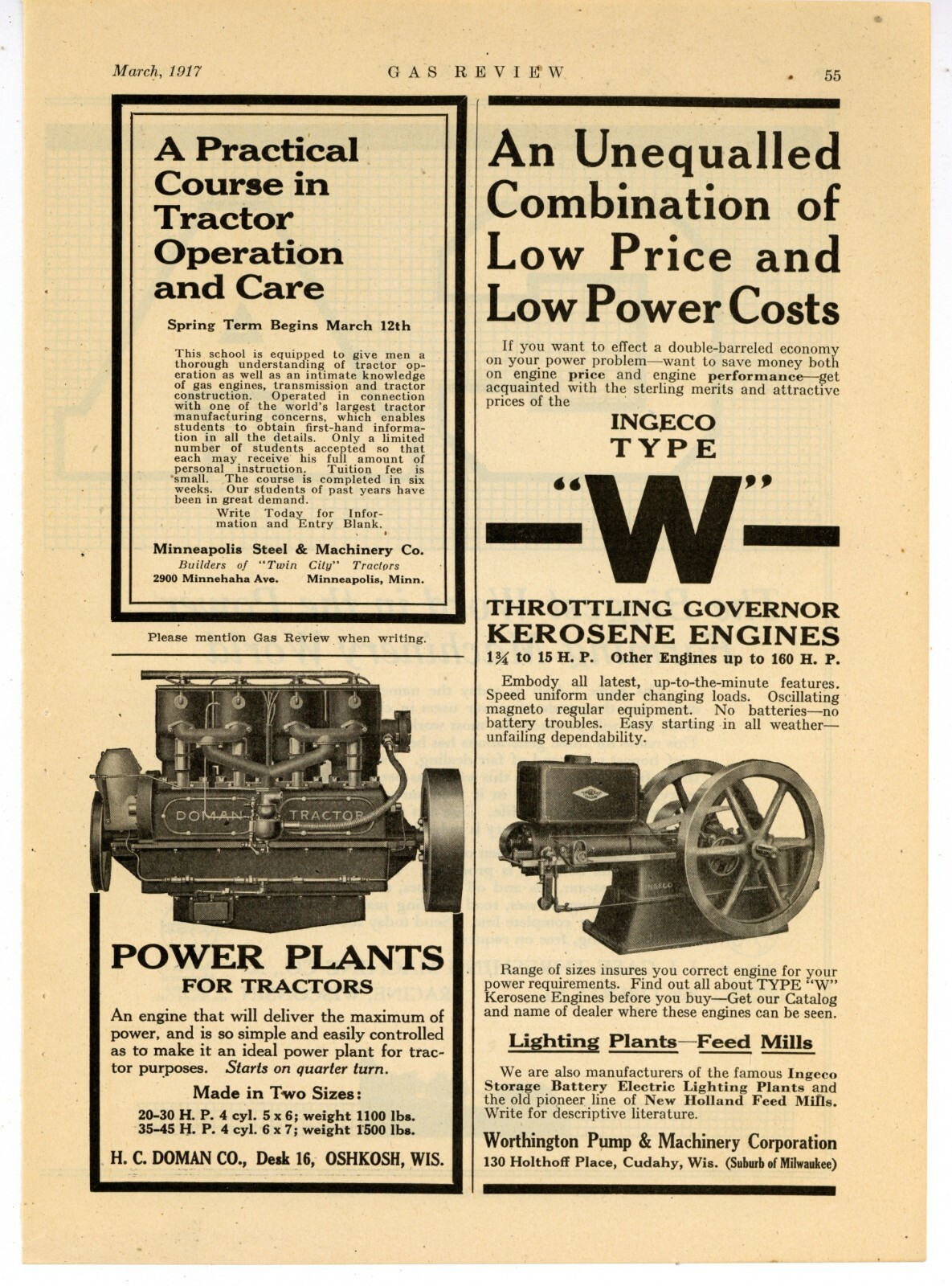 1917 INGECO International Gas Engines Ad: Type W Kerosene Engine, Worthington