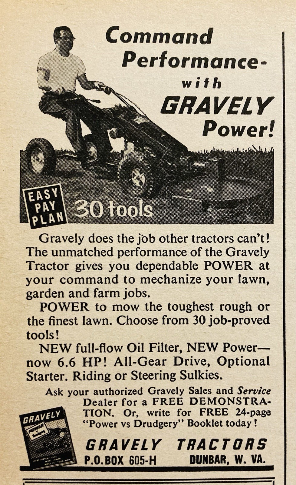 1961 AD.(XH84)~GRAVELY TRACTORS CO. DUNBAR, W. VA. GRAVELY LAWN TRACTOR~~