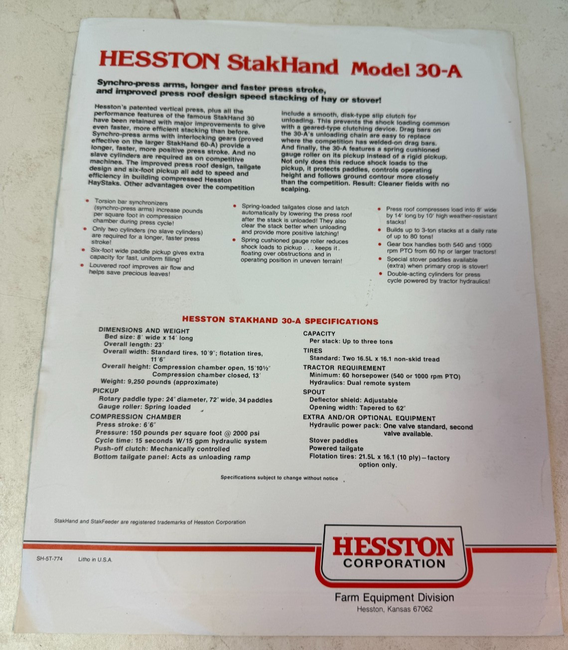 Hesston Stakhand Model 30=A Sales Brochure/Leaflet