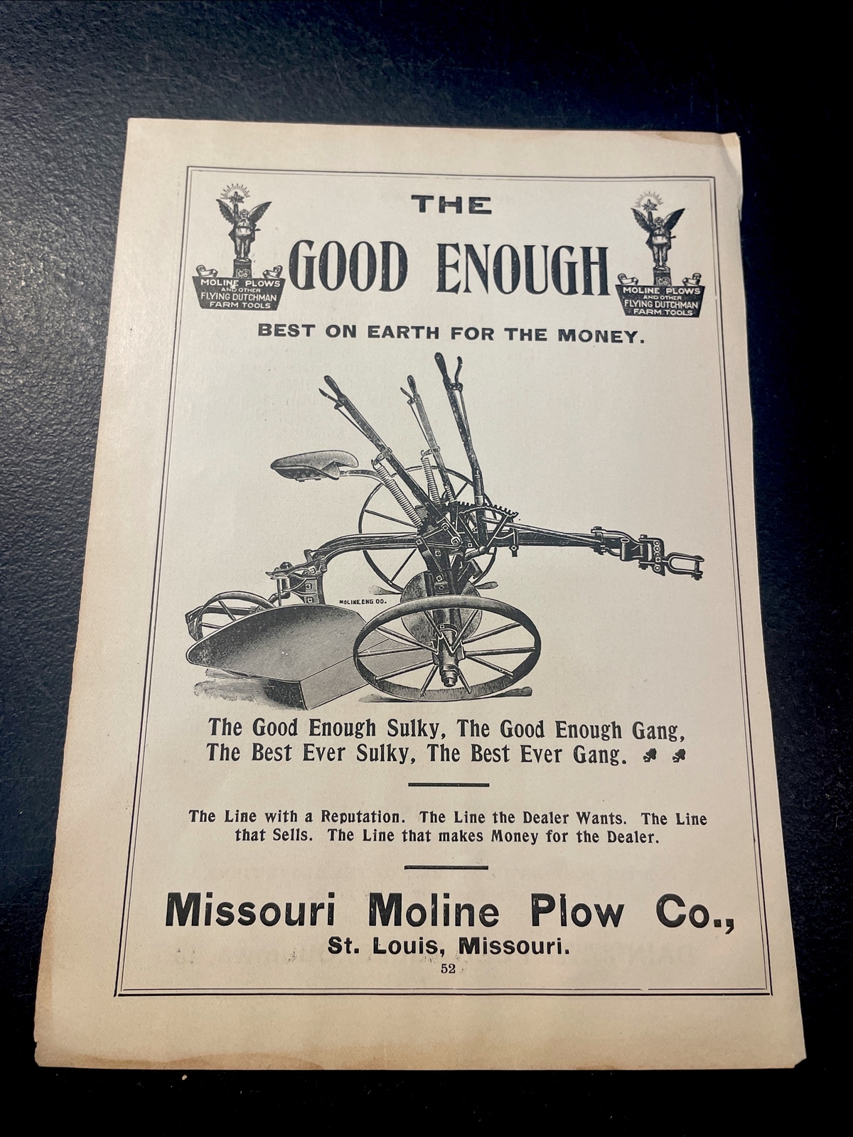 ORIGINAL 1907 Good Enough Sulky Farm Advertising -Missouri Moline Plow St. Louis
