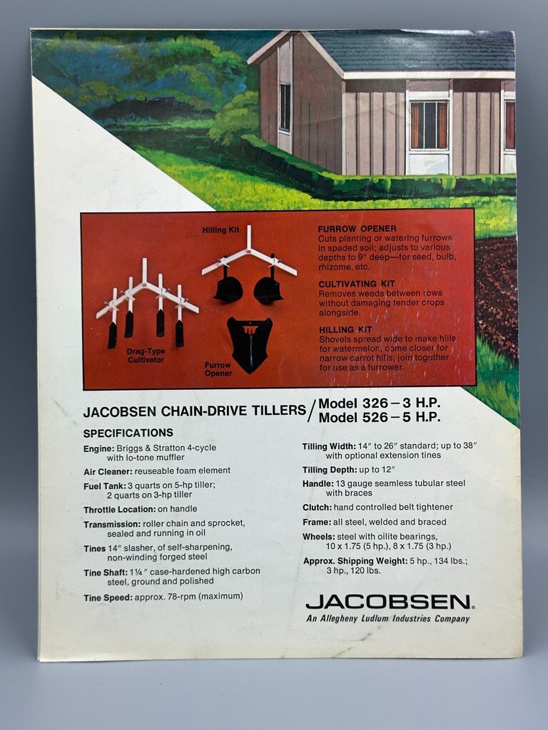 1970s JACOBSEN TILLER Lawn Care BRIGGS & STRATTON Advertising Vintage Brochure