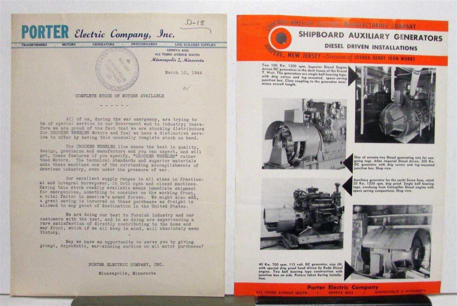 1944 Crocker Wheeler Motors Shipboard Auxiliary Generators Dealer Letter Sheet