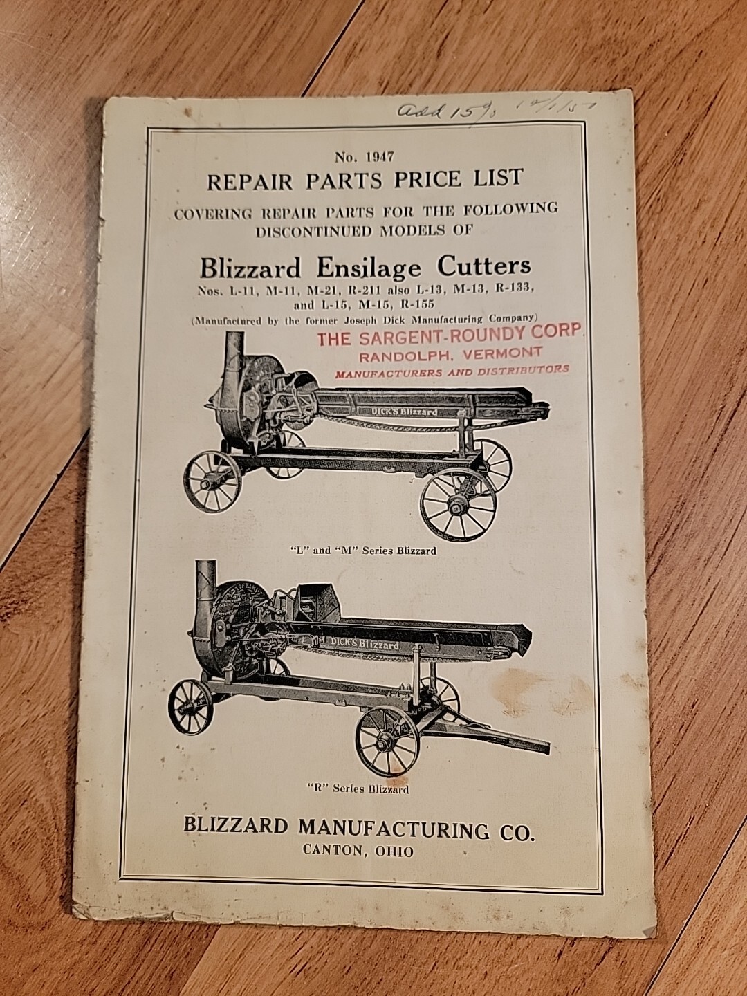 Blizzard Ensilage Cutter Parts List Instruction Book L M 11 21 13 211 15