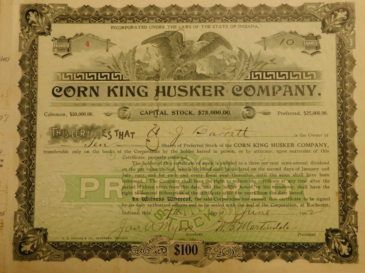 Corn King Husker Co. Rochester Indiana Stock Certificate No. 4 1902 (Shelf-4