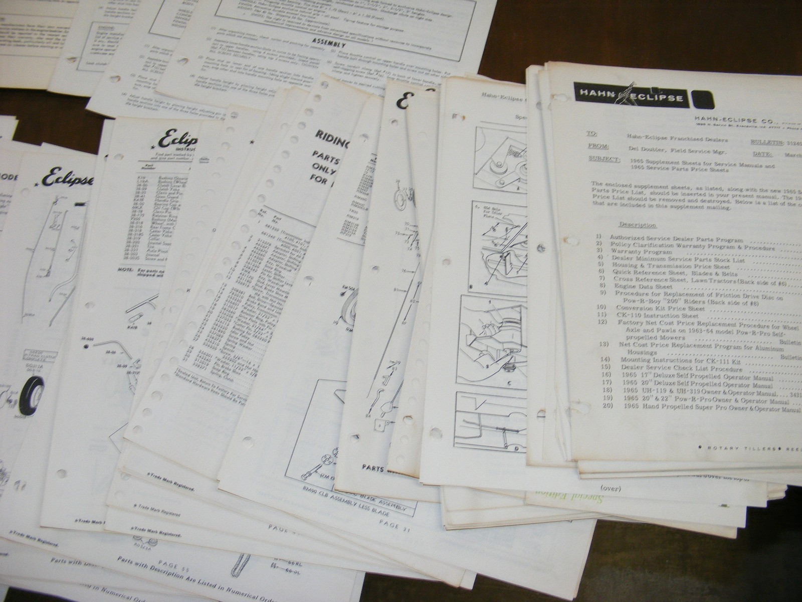 1960s Hahn Eclipse Mower Master Parts Catalog Maintenance Manual
