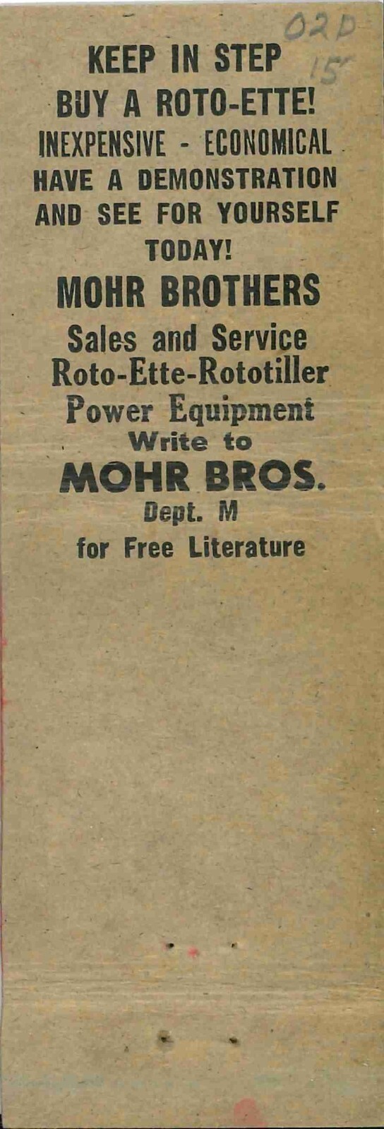 Matchbook Cover Roto Ette Garden Tractors Mohr Brothers Hatboro PA
