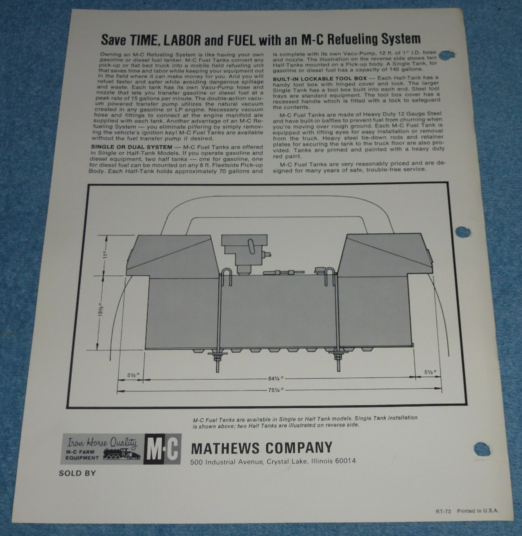 Vintage 1972 M-C Mathews Company Refueling System Tanks Brochure Price List