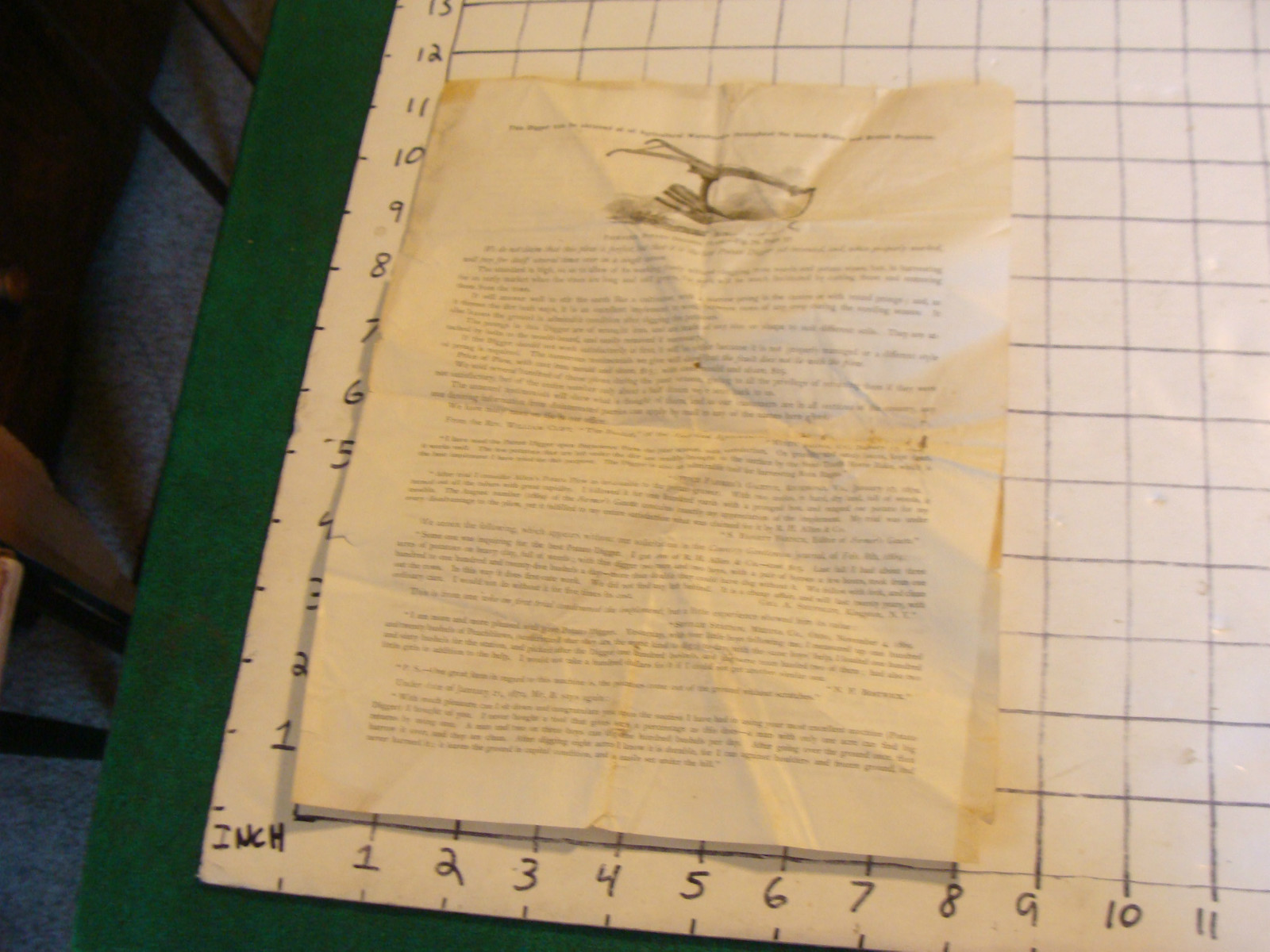 orig. Patented Potato Digging Plow info paper folded, as shown, 1800&rsquo;S