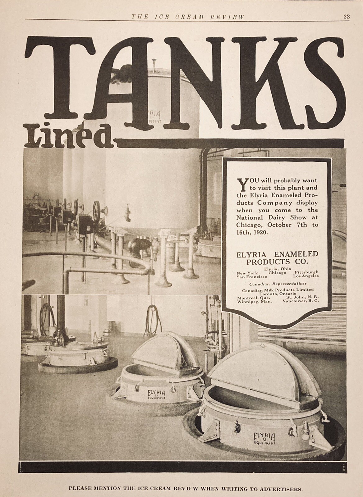 1920 AD(XH52)~ELYRIA ENAMELED PRODUCTS CO. ELYRIA, NY. ICE CREAM TANKS