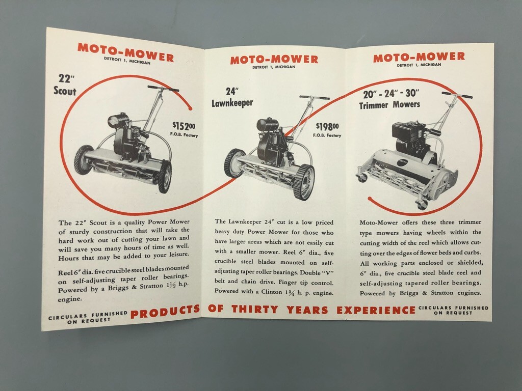 1940s Reel LAWN MOTO- MOWER Vintage ADVERTISING Brochure Garden Tractor