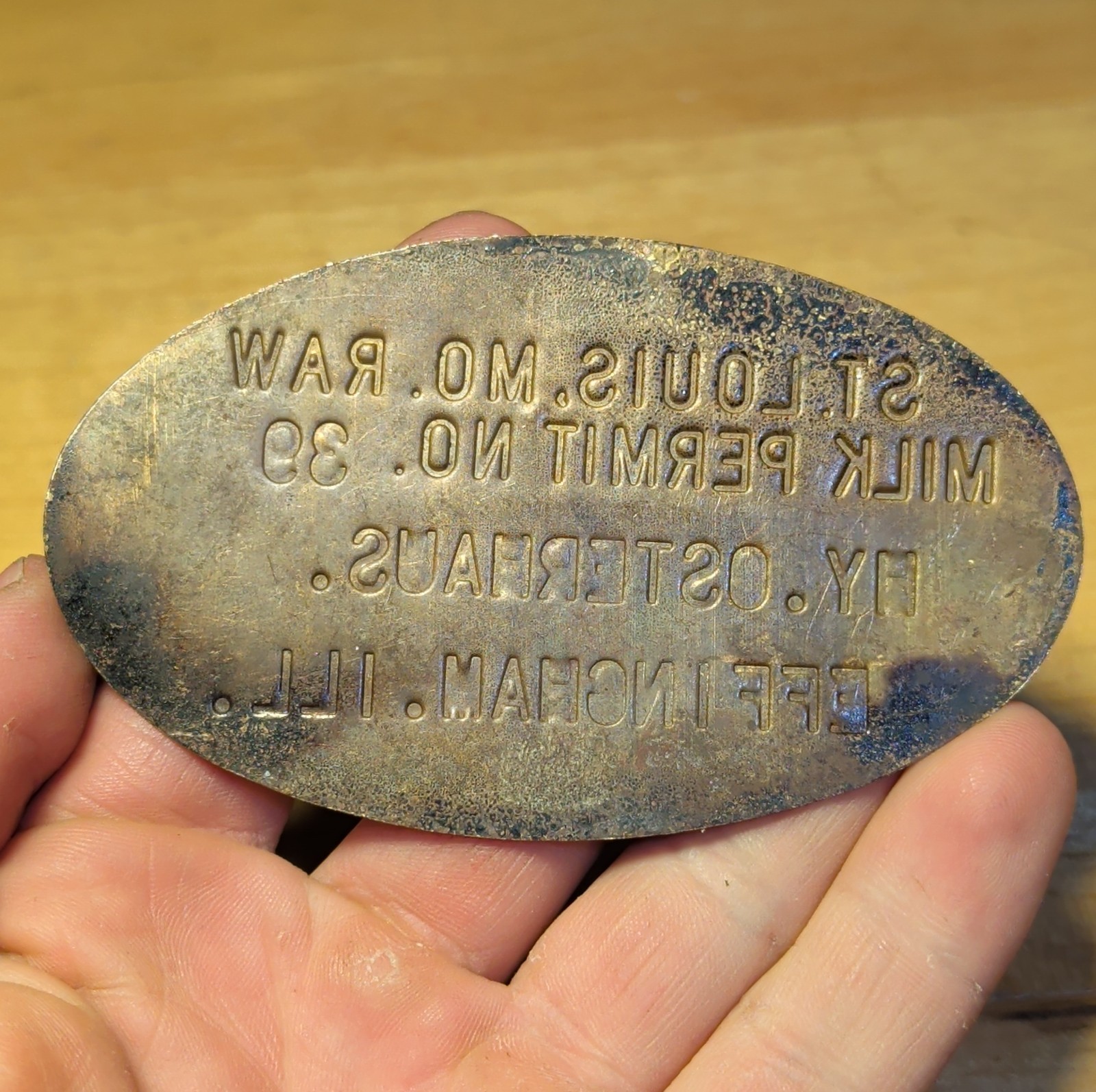 Antique Brass St Louis Raw Milk Permit No39 Plate Effingham IL Hy Osterhaus Tag