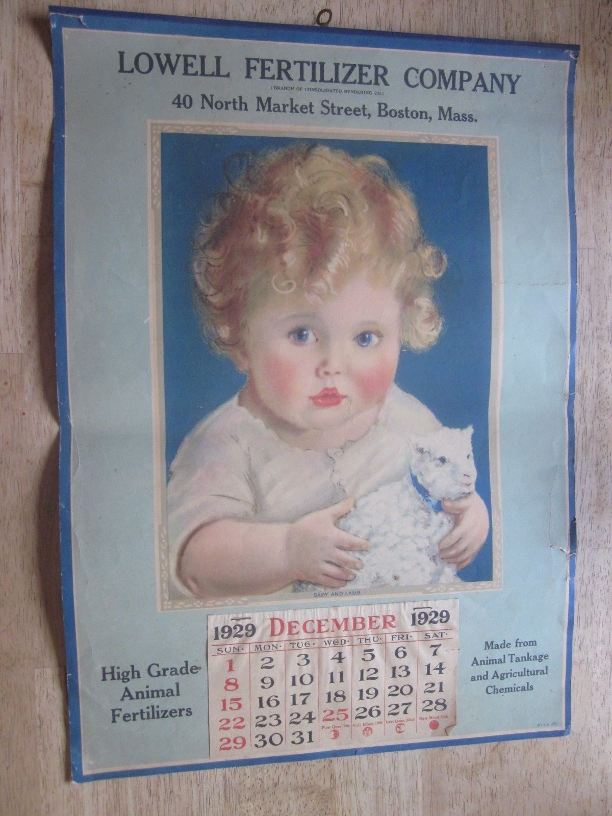 1929 Lowell Fertilizer Company Calendar Boston, MA baby & lamb
