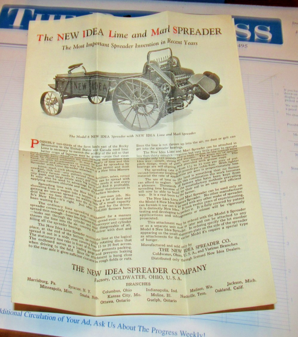 1929 NEW IDEA LIME & MARL SPREADER, PAMPHLET, COLDWATER, OH
