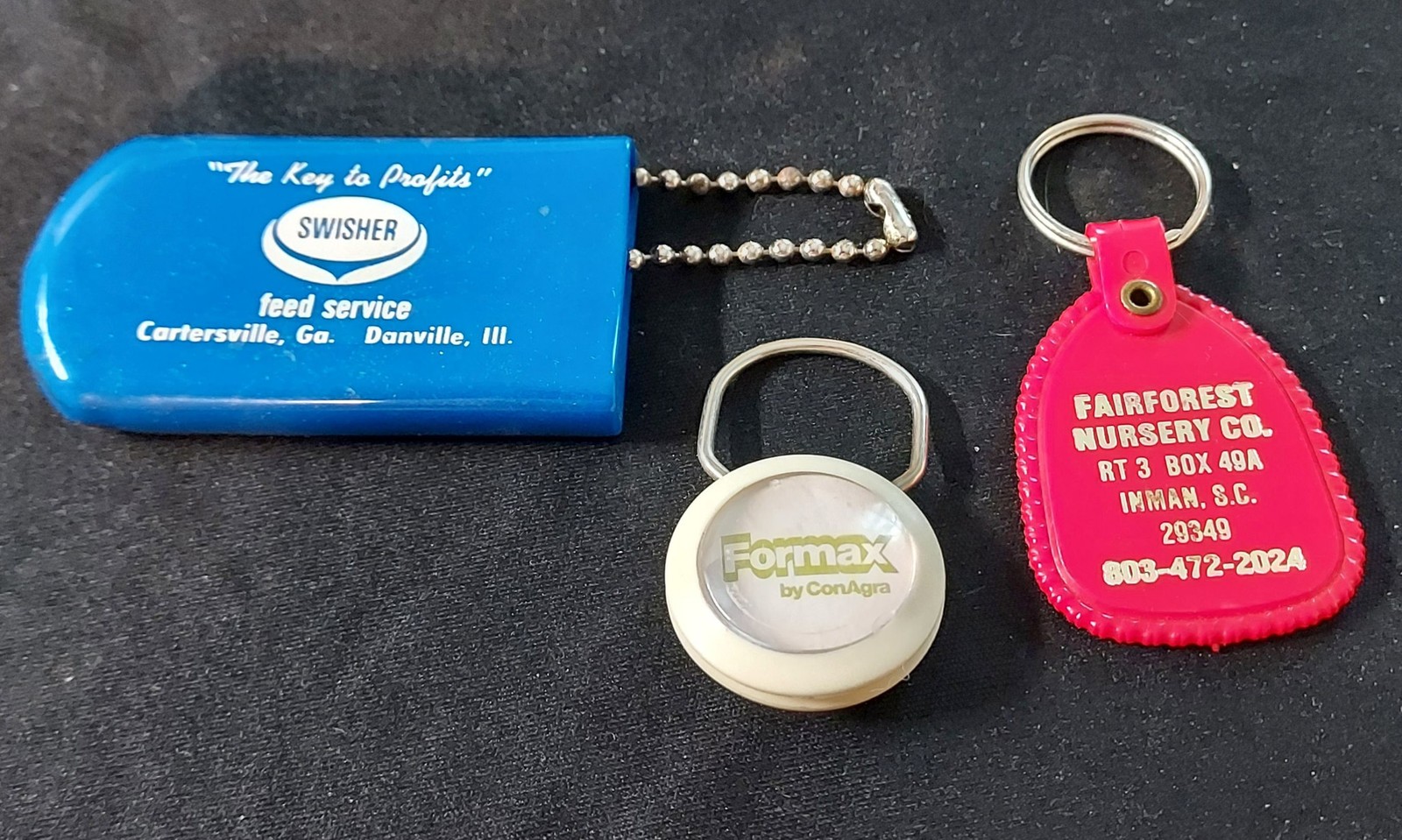 Vtg Adv Promo Deal of 3 Keyrings – Swisher Feed Svc, Formax, Fairforest Nursery