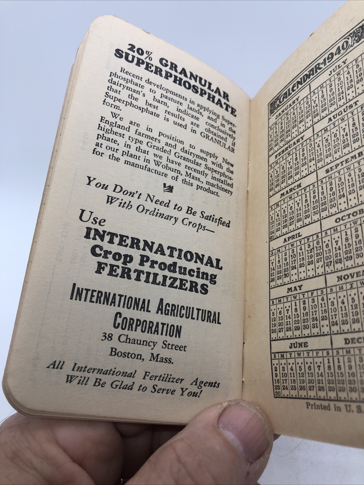Vintage 1940 International Fertilizers Farmers Notebook Calendar Boston Mass