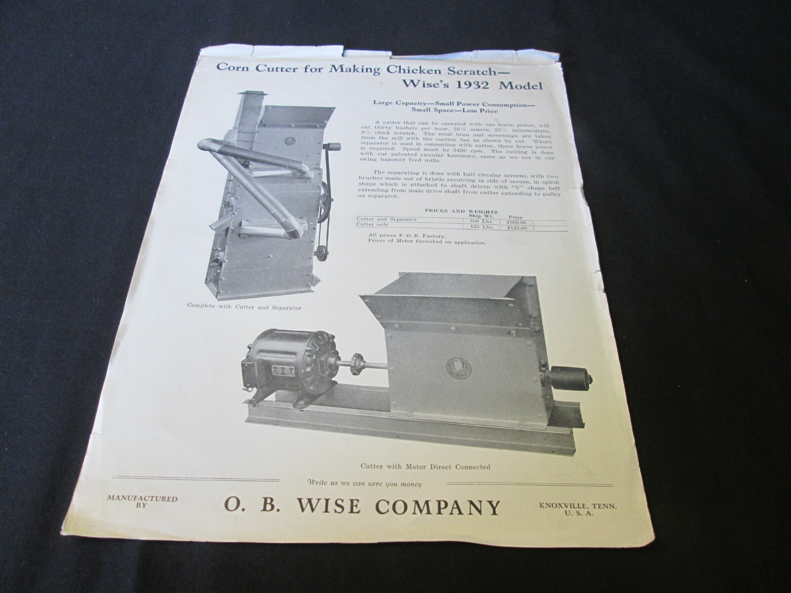 Vintage Advertising Ephemera O. B. Wise Co. Corn Cutter 1932 Chicken Scratch