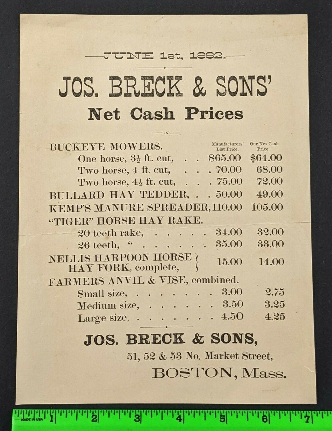 Vintage 1882 Breck & Sons Buckeye Mower Price List Flyer Advertisement Boston MA
