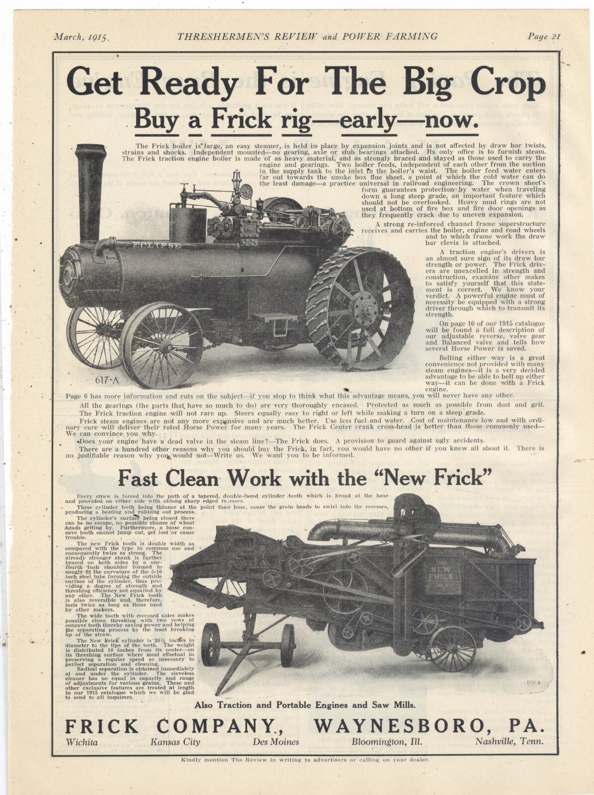 1915 Frick Co. Ad: Eclipse Steam Tractor, Traction Engine, Thresher – Waynesboro