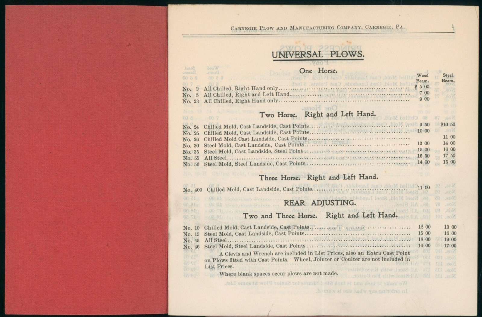 1909 Toledo Burch Carnegie Universal Princess Plow Dealer Price List Pair