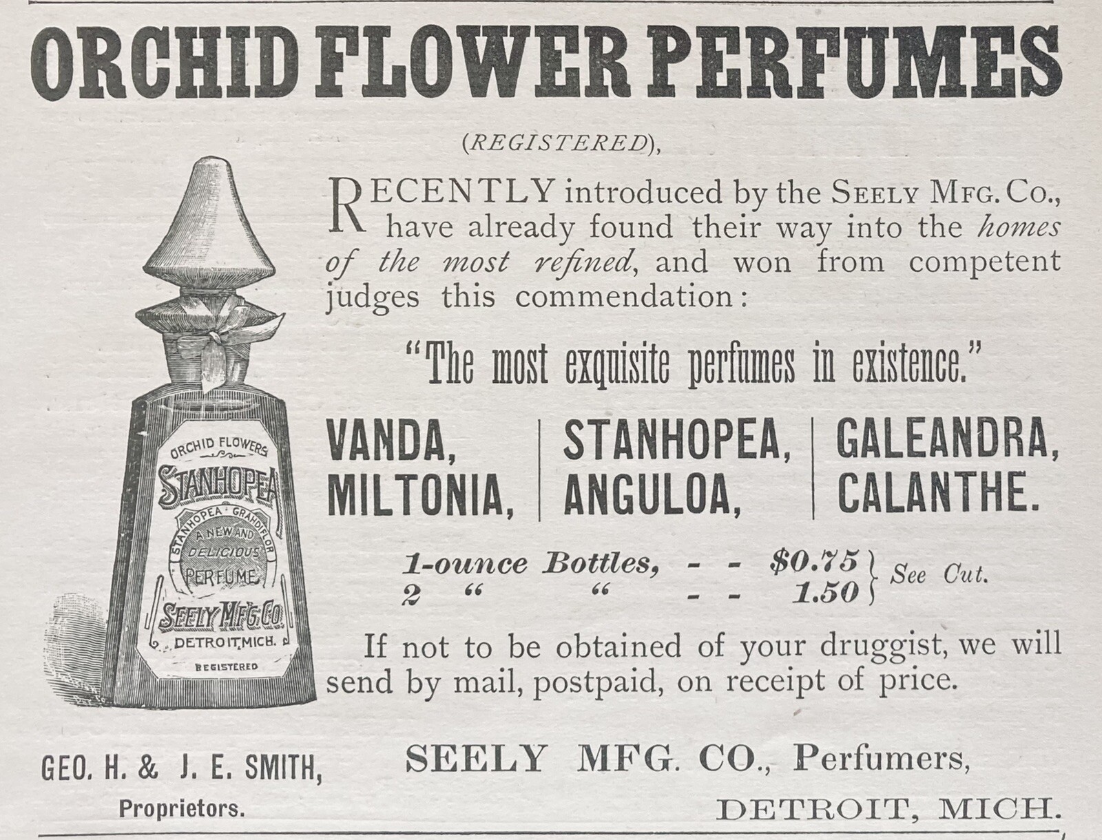 1889 AD.(XH6)~SEELY MFG. CO. DETROIT. ORCHID FLOWER PERFUMES