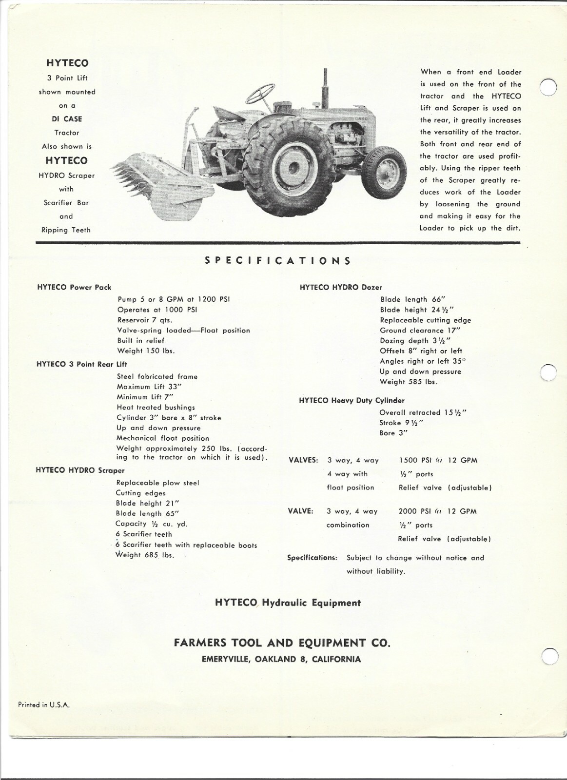 Original Hyteco Agricultural and Industrial Hydraulic Equipment Sales Brochure