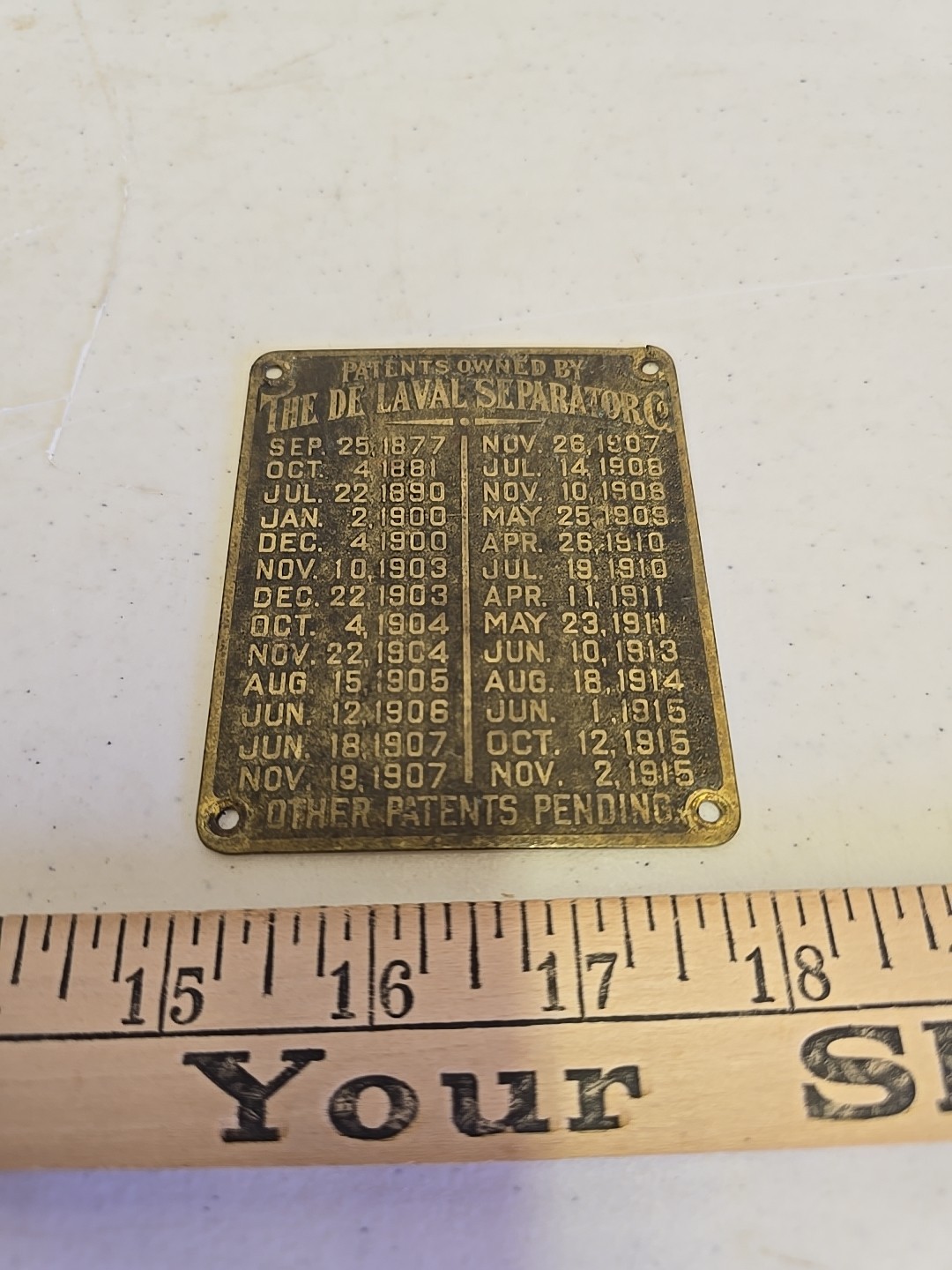 Antique De Laval Seperator Co Advertising 1915 Brass Patent List Badge Emblem