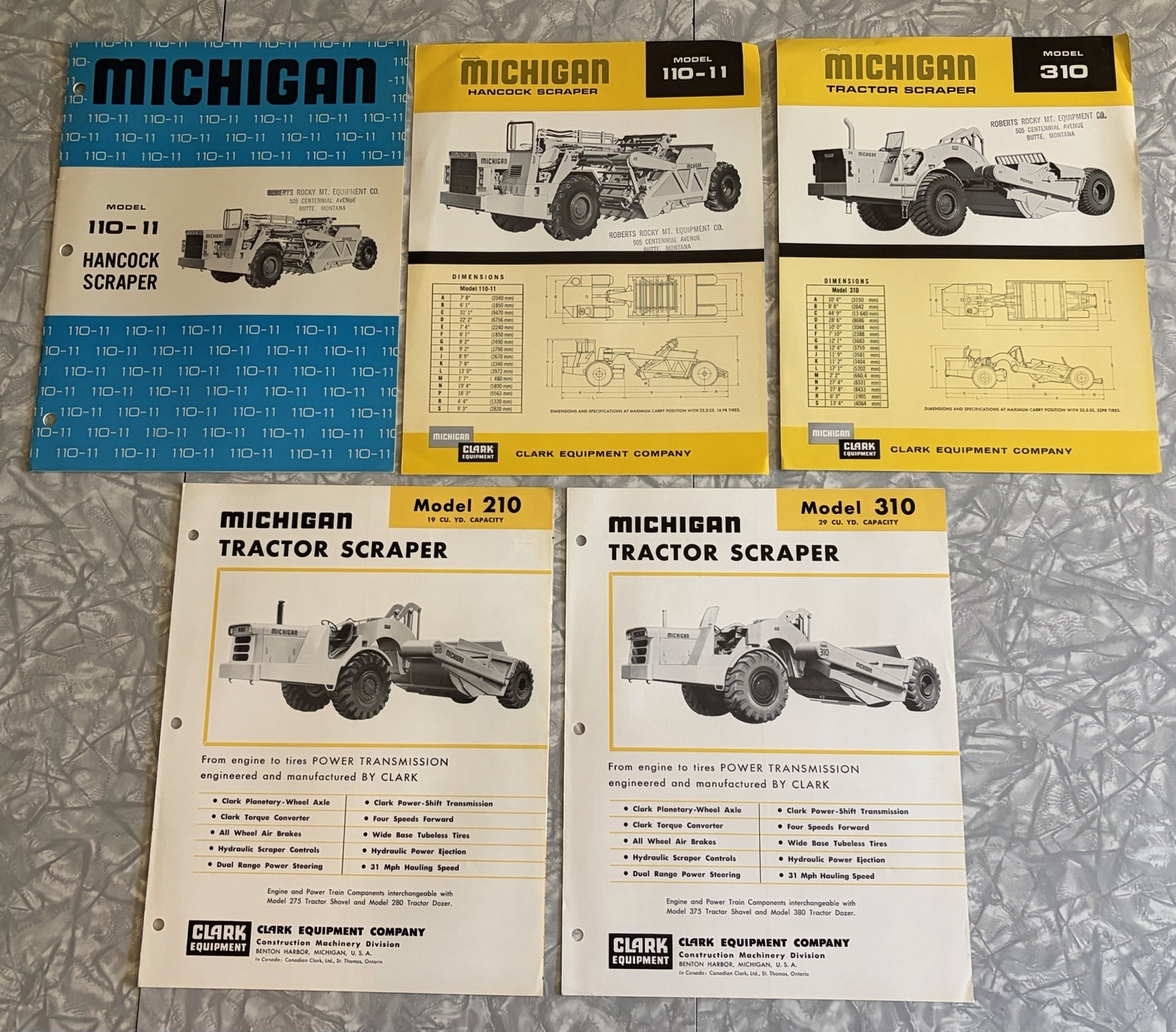 5 1958-1970 MICHIGAN CLARK HANCOCK TRACTOR SCRAPER SALES BROCHURES 110-11 310 +